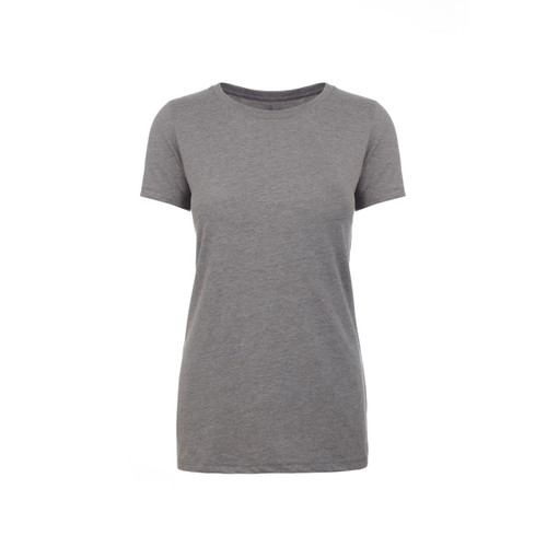 A grey women's crew neck t-shirt with short sleeves. The shirt features a logo. A grey women's crew neck t-shirt with short sleeves. The shirt features a logo.