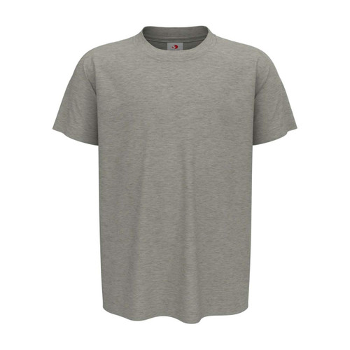 A grey organic crew neck T-shirt with short sleeves and a branding label on the neck. A grey organic crew neck T-shirt with short sleeves and a branding label on the neck.