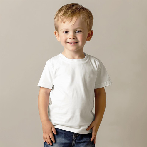 A smiling child in a white organic crew neck T-shirt, paired with denim jeans. The shirt has a logo. A smiling child in a white organic crew neck T-shirt, paired with denim jeans. The shirt has a logo.