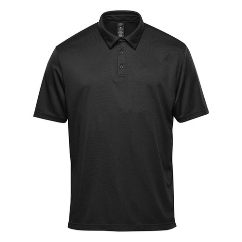 A black short sleeve polo shirt featuring a collar and three buttons, with a logo on the chest. A black short sleeve polo shirt featuring a collar and three buttons, with a logo on the chest.