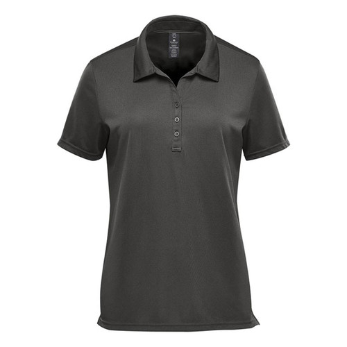 A women's short sleeve polo shirt in dark green with a collar and button placket, featuring a logo. A women's short sleeve polo shirt in dark green with a collar and button placket, featuring a logo.
