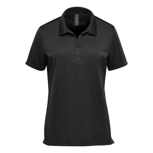 A black women's performance short sleeve polo shirt with a collar and a small logo. A black women's performance short sleeve polo shirt with a collar and a small logo.