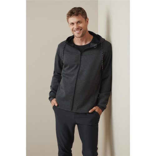 A men's recycled scuba jacket in dark grey with a hood, featuring a logo on the front. A men's recycled scuba jacket in dark grey with a hood, featuring a logo on the front.