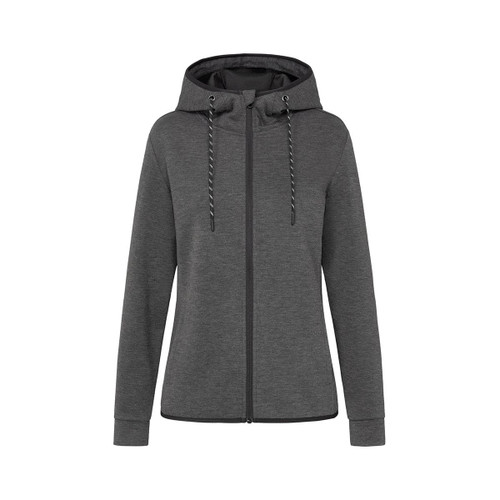 A women's recycled scuba jacket in grey with a hood and drawstring detail, featuring a front zip and a logo. A women's recycled scuba jacket in grey with a hood and drawstring detail, featuring a front zip and a logo.