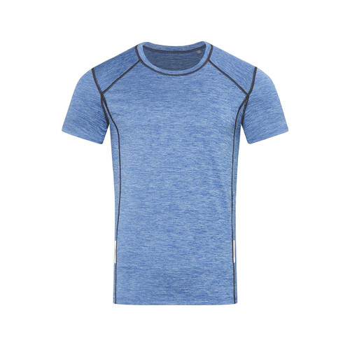 A blue men's recycled sports T-shirt with a fitted design and contrasting black seams. It features a logo. A blue men's recycled sports T-shirt with a fitted design and contrasting black seams. It features a logo.