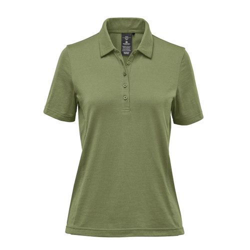A women's polo shirt in a green hue featuring a collar and button placket, with a logo on the chest.