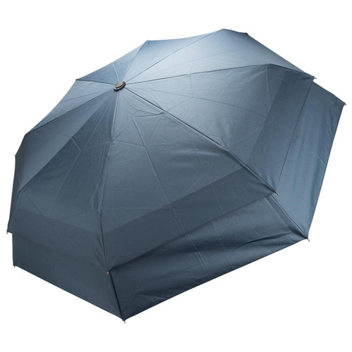 A compact blue umbrella with a multi-panel design and a central button mechanism. It features a logo on the handle. A compact blue umbrella with a multi-panel design and a central button mechanism. It features a logo on the handle.