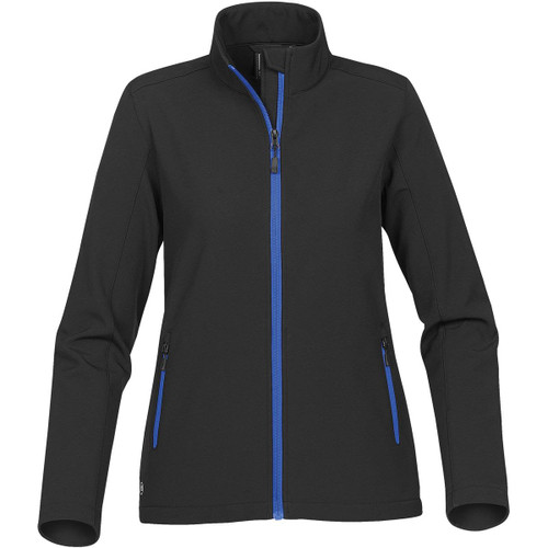 A black softshell jacket with blue accents and zippered pockets, featuring a high collar and a sleek design. A black softshell jacket with blue accents and zippered pockets, featuring a high collar and a sleek design.