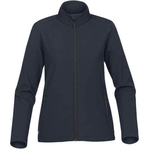 A women's soft shell jacket in dark grey with a full zip and side pockets. Features a subtle logo. A women's soft shell jacket in dark grey with a full zip and side pockets. Features a subtle logo.