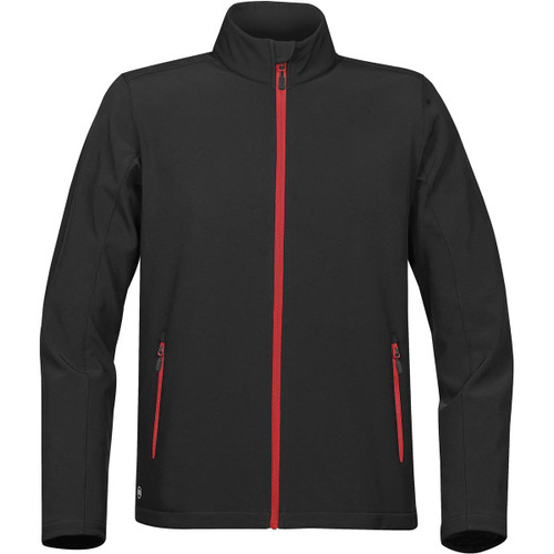 A black softshell jacket with red zippers and pockets, featuring a high collar and a logo. A black softshell jacket with red zippers and pockets, featuring a high collar and a logo.