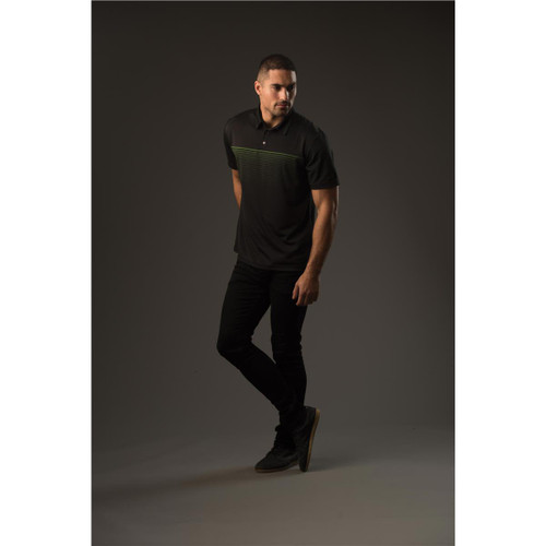 A black polo shirt with a subtle striped design, worn by a model against a dark background. The shirt features a logo.