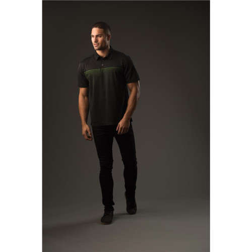 A black polo shirt with green stripe detailing, featuring a collar and short sleeves, worn by a model standing.