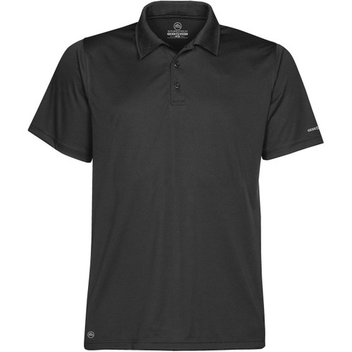 A black polo shirt featuring a collar, button placket, and a small logo on the sleeve. A black polo shirt featuring a collar, button placket, and a small logo on the sleeve.