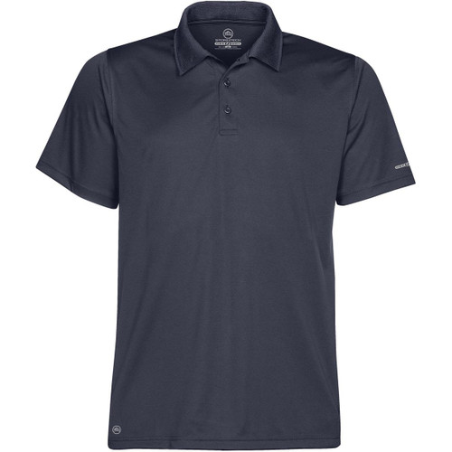 A dark navy polo shirt with a collar and short sleeves, featuring a logo on one sleeve. A dark navy polo shirt with a collar and short sleeves, featuring a logo on one sleeve.