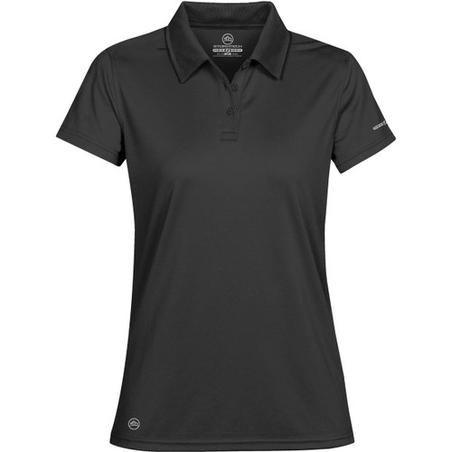 A black women's polo shirt with a collar, featuring a logo on the front. A black women's polo shirt with a collar, featuring a logo on the front.