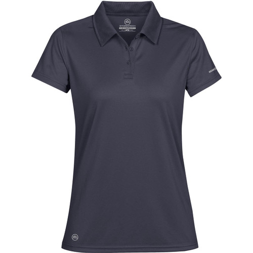 A women's polo shirt in dark grey with a collar and a logo on the hem. A women's polo shirt in dark grey with a collar and a logo on the hem.