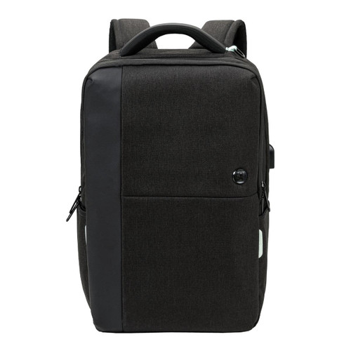 A black backpack with a sleek design, featuring a front pocket and a handle on top. It has a branding logo.