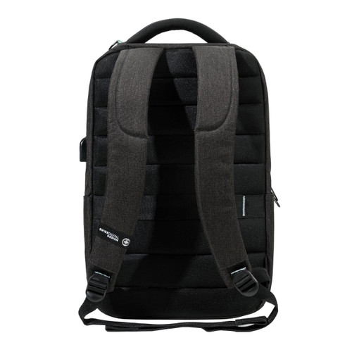 A black Swissdigital Arosa Backpack featuring padded straps and a sleek design, with a branding logo on the side. A black Swissdigital Arosa Backpack featuring padded straps and a sleek design, with a branding logo on the side.