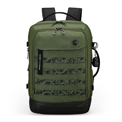 A green Swissdigital Berg L Backpack features multiple zip pockets, a textured front, and adjustable straps.