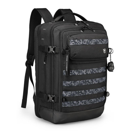 Black tactical backpack with multiple compartments and camo accents.