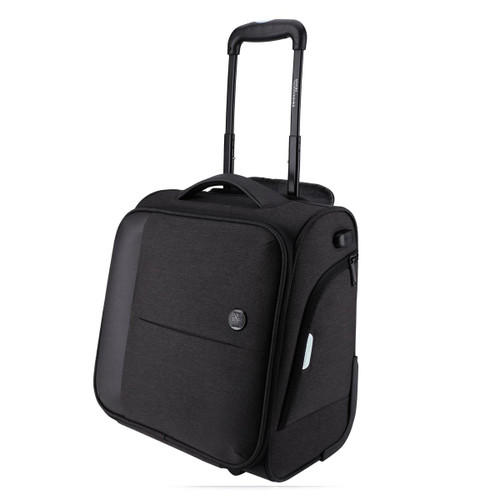 A wheeled underseat luggage bag in black with a telescopic handle and a logo. Features a zippered compartment.