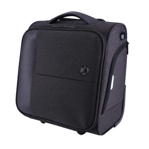 A wheeled underseat luggage in dark grey fabric with a handle and wheels, featuring a branded logo.