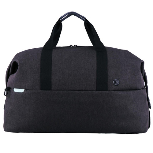 A dark grey duffle bag with dual black handles and a logo on the front. A dark grey duffle bag with dual black handles and a logo on the front.