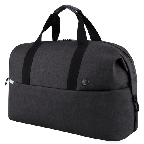 A dark grey duffle bag with black straps, featuring a logo and a zippered closure. A dark grey duffle bag with black straps, featuring a logo and a zippered closure.