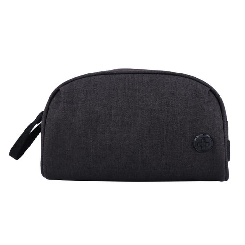 A black Swissdigital Arosa wash bag with a zip closure and a small logo patch on the front. A black Swissdigital Arosa wash bag with a zip closure and a small logo patch on the front.
