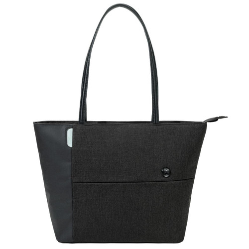 A tote bag in dark grey with a sleek design, featuring a pocket and a logo. The bag has two long handles.