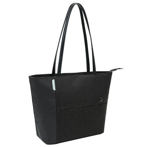 A black tote bag with long handles features a textured design and a front pocket, along with a logo.