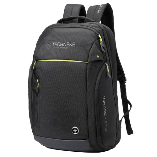 A sleek black backpack with green accents and multiple zippered compartments, featuring a logo on the front.