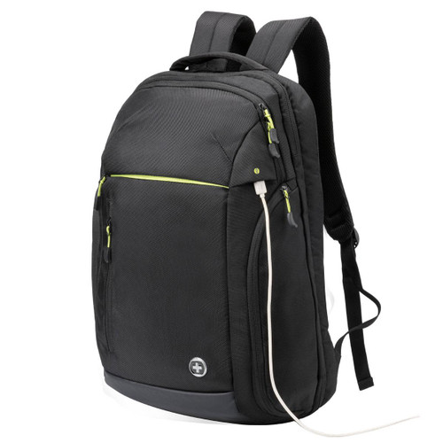 A black backpack with green zippers, featuring multiple compartments and a logo.