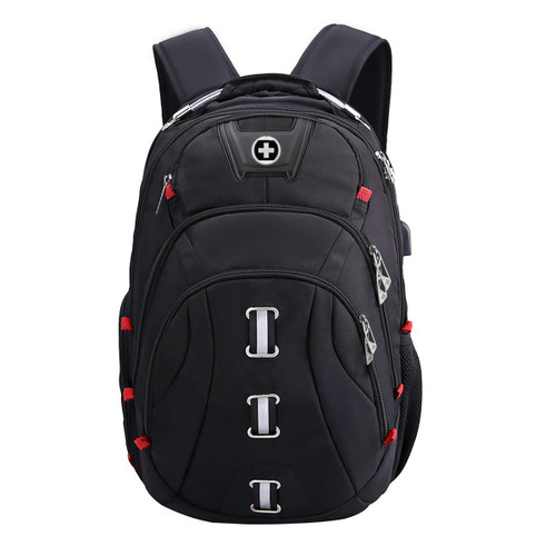 A black backpack featuring multiple zippers, silver accents, and a logo on the front. It has adjustable shoulder straps.