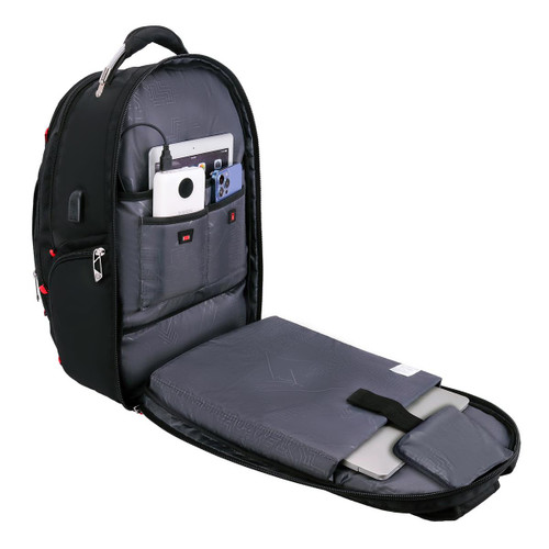 A black backpack with multiple compartments, featuring grey interior padding and a logo. It holds devices like a laptop and tablet.
