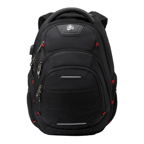 A black Swissdigital Neptune backpack featuring multiple compartments and zippers, with red accents and a logo.