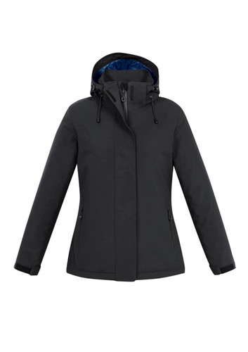 A grey women's rain jacket featuring a hood, zippered pockets, and a contrasting inner lining. A grey women's rain jacket featuring a hood, zippered pockets, and a contrasting inner lining.