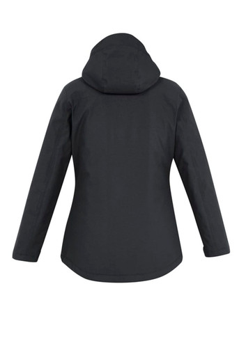 A women's rain jacket in dark grey with a hood, featuring a simple design and a logo on the back.