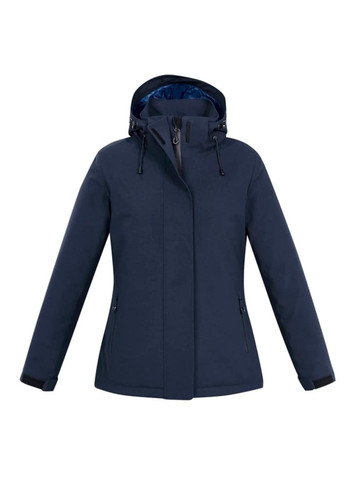 A navy women's rain jacket with a hood, featuring zippered pockets and a sleek design. It has a branding logo. A navy women's rain jacket with a hood, featuring zippered pockets and a sleek design. It has a branding logo.