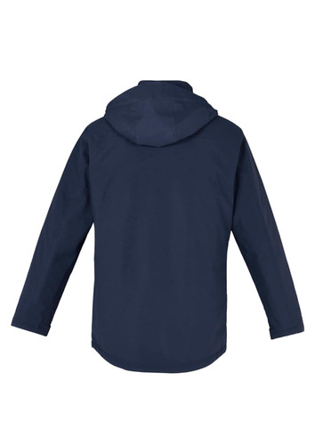A navy rain jacket with a hood, featuring long sleeves and a plain design on the back. It includes a logo. A navy rain jacket with a hood, featuring long sleeves and a plain design on the back. It includes a logo.