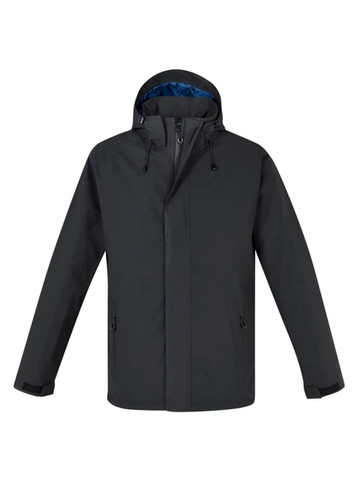 A dark grey rain jacket featuring a hood and zip pockets, with a blue inner lining and a noticeable logo. A dark grey rain jacket featuring a hood and zip pockets, with a blue inner lining and a noticeable logo.