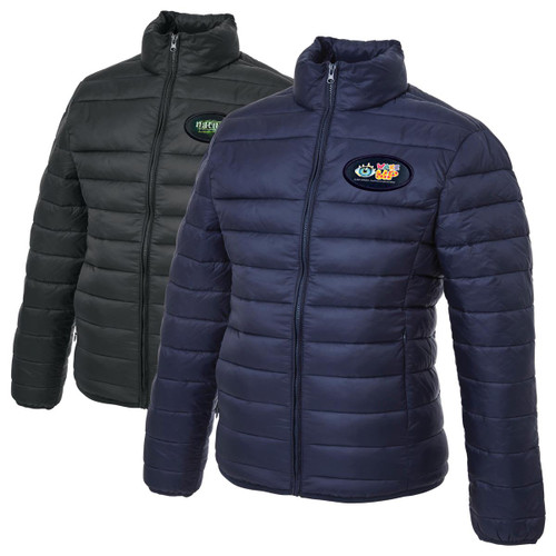 Two puffer jackets displayed, one in dark green and the other in navy blue, both featuring a logo. Two puffer jackets displayed, one in dark green and the other in navy blue, both featuring a logo.