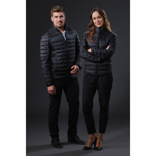 Two models wearing black puffer jackets, standing against a dark background. Each jacket has a logo. Two models wearing black puffer jackets, standing against a dark background. Each jacket has a logo.