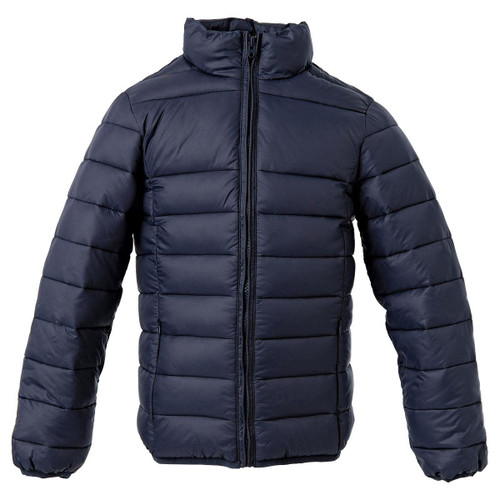 A navy blue puffer jacket featuring a zippered front and quilted design, with a high collar and long sleeves. A navy blue puffer jacket featuring a zippered front and quilted design, with a high collar and long sleeves.