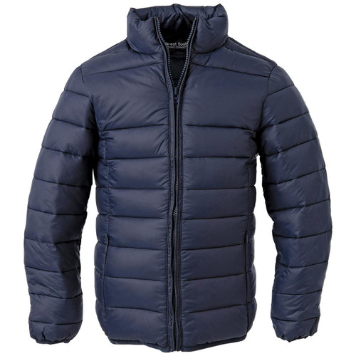 A navy puffer jacket featuring a high collar and vertical stitching, with a logo on the inside label. A navy puffer jacket featuring a high collar and vertical stitching, with a logo on the inside label.
