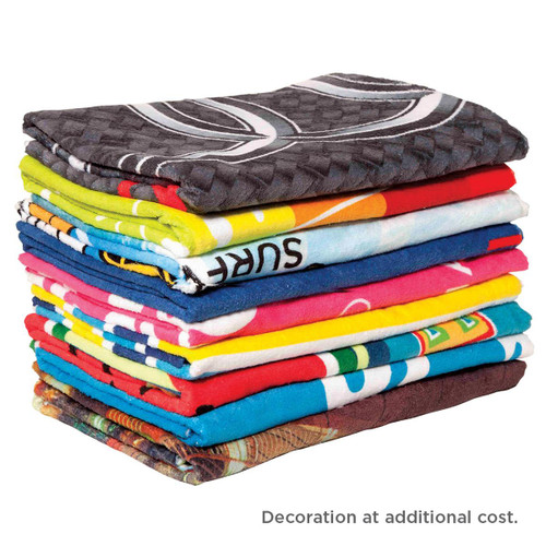 A stack of vibrant beach towels in various colours and patterns, with a textured grey towel on top. A stack of vibrant beach towels in various colours and patterns, with a textured grey towel on top.