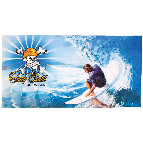 A custom sublimation beach towel featuring a vibrant surf design with blue waves and a logo. A custom sublimation beach towel featuring a vibrant surf design with blue waves and a logo.