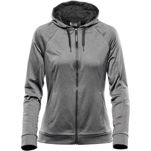 A grey women's hoody features a zip front, adjustable hood, and has a logo. Perfect for casual wear. A grey women's hoody features a zip front, adjustable hood, and has a logo. Perfect for casual wear.