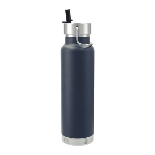 A drink bottle in navy blue with a stainless steel lid and straw, featuring a logo on the side.