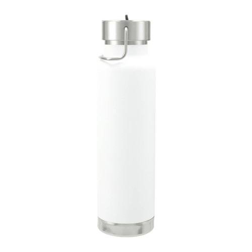 A drink bottle in white with a stainless steel lid and base, featuring a handle and a straw lid.